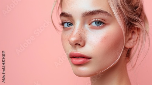 A close-up portrait of a woman with blonde hair and blue eyes