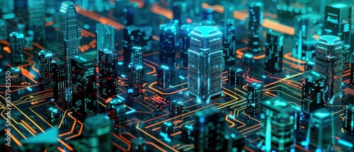 Futuristic smart city on circuit board background