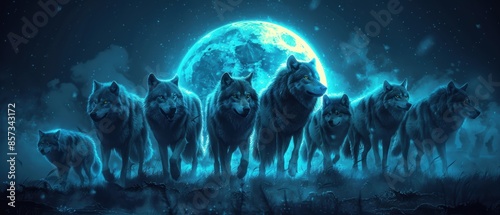 Neon-highlighted wolf pack under a full moon