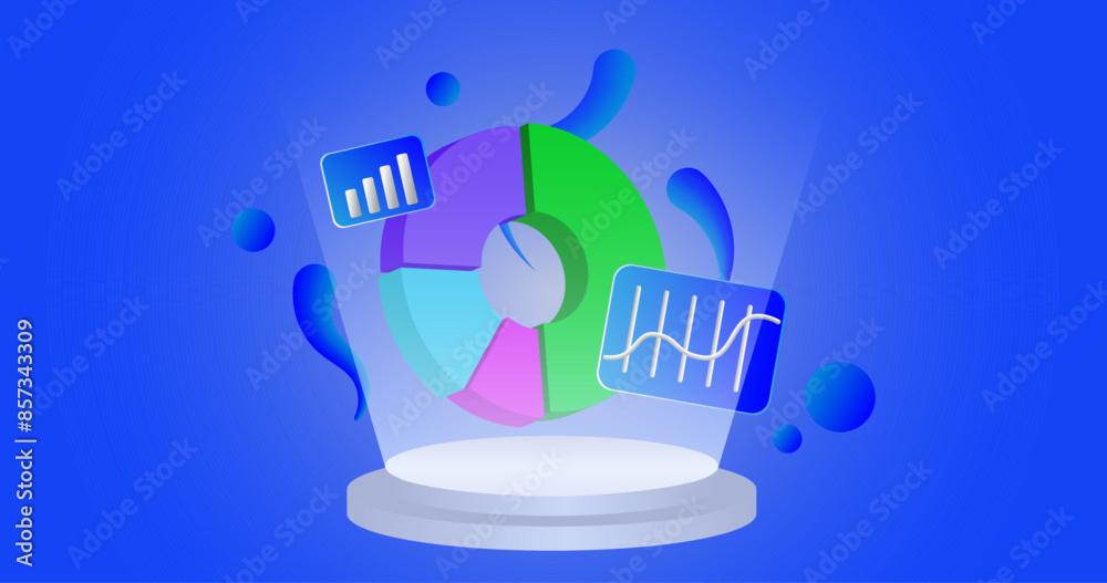 Fototapeta premium Data Analytics Isometric Vector Illustration. Analyze the data depicted with graphs and diagrams. Ideal for use on data- and analytics-focused websites, banners, and landing pages.