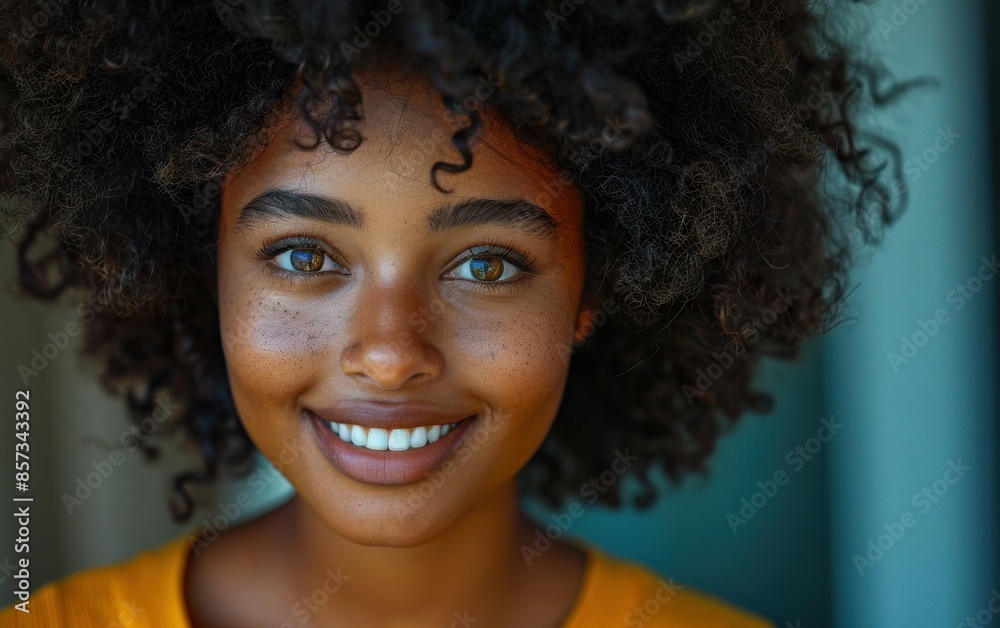 A woman with curly hair and a yellow shirt is smiling. She has a brown complexion and is wearing a yellow shirt A woman with curly hair and a yellow shirt is smiling. She has a brown complexion and is wearing a yellow shirt