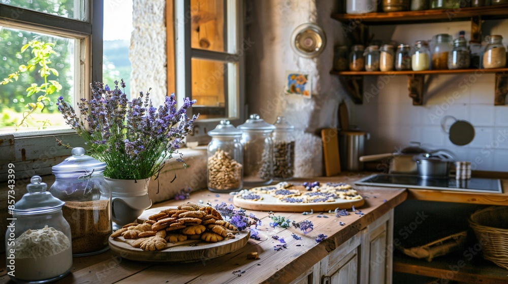 A cozy, rustic kitchen filled with the aroma of freshly baked lavender-infused cookies, with jars of dried lavender and a bouquet on the table A cozy, rustic kitchen filled with the aroma of freshly baked lavender-infused cookies, with jars of dried lavender and a bouquet on the table