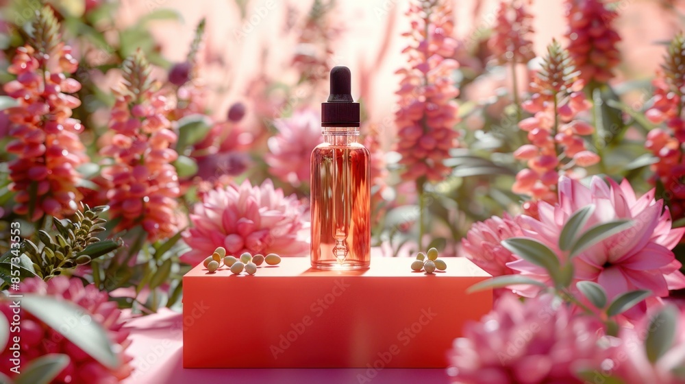 Glass bottle of serum among pink flowers Glass bottle of serum among pink flowers