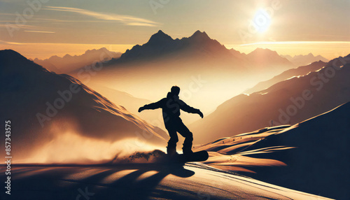Epic Sunset Snowboarder gliding on snow