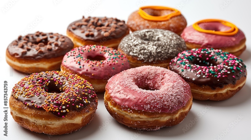A close-up view of eight colorful donuts A close-up view of eight colorful donuts