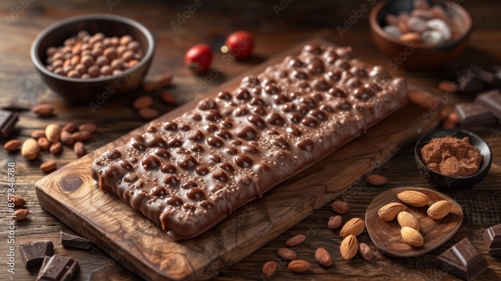 A decadent chocolate bar with toasted hazelnuts and almonds on a rustic wooden board A decadent chocolate bar with toasted hazelnuts and almonds on a rustic wooden board