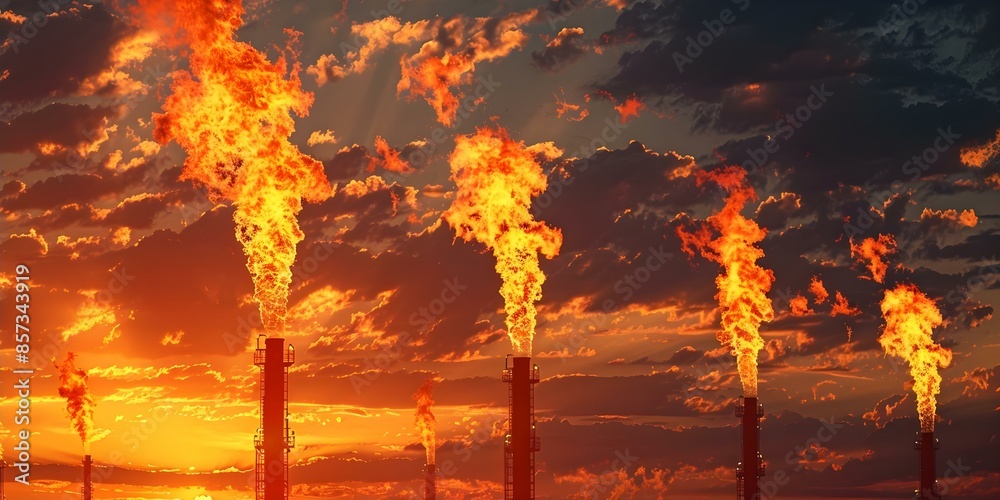 Fototapeta premium Oil refinery flare stacks emit combustion byproducts during processing. Concept Air Pollution, Industrial Emissions, Environmental Impact, Combustion Byproducts, Refinery Operations