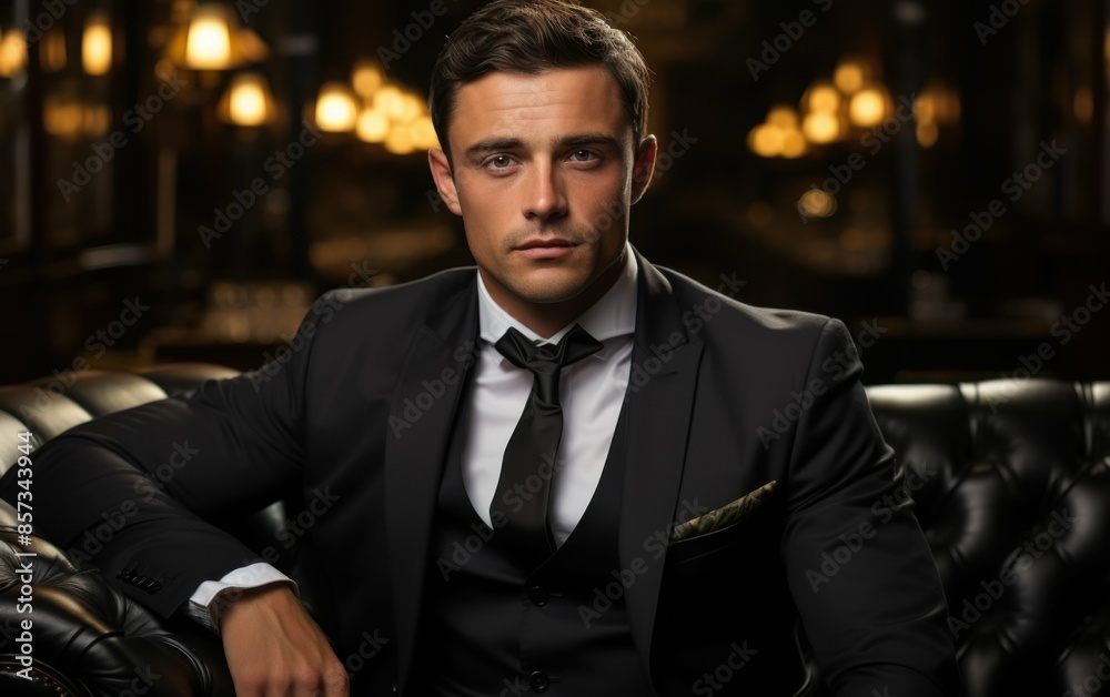 A man in a suit and tie is sitting on a black couch. He is wearing a tie and a jacket A man in a suit and tie is sitting on a black couch. He is wearing a tie and a jacket