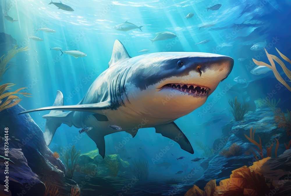 Obraz premium Great white shark swimming underwater. 3D illustration. Toned.