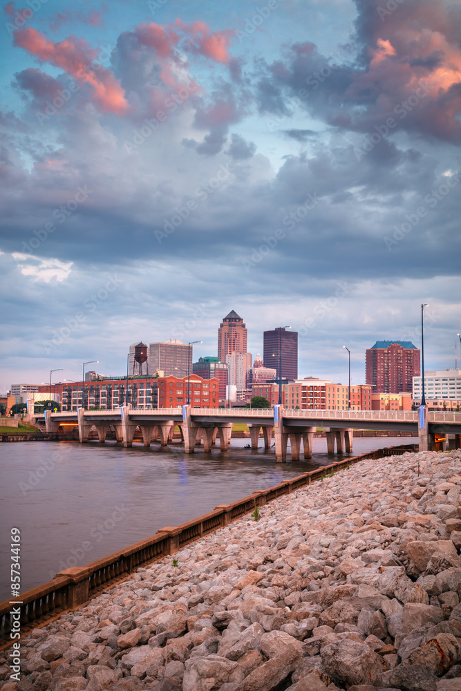 Des Moines, Iowa, USA. Cityscape image of Des Moines skyline, Iowa, USA at summer sunrise.