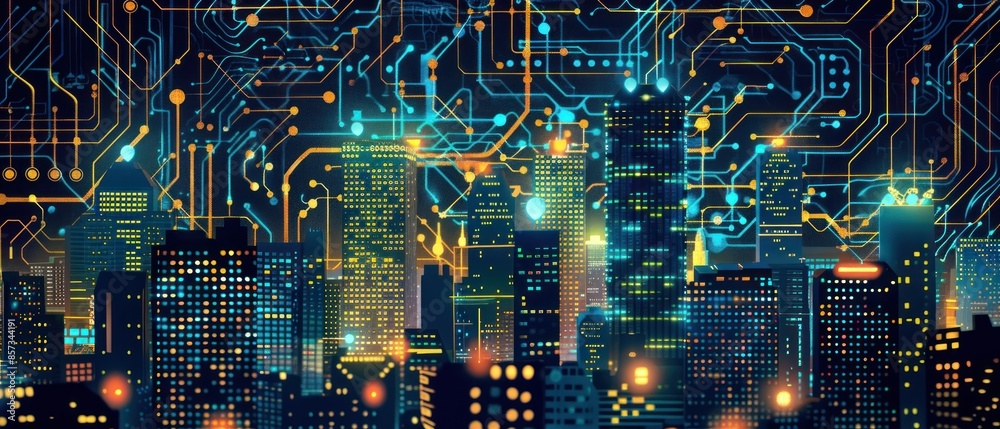 Futuristic smart city on circuit board background