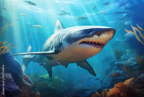Great white shark swimming underwater. 3D illustration. Toned.