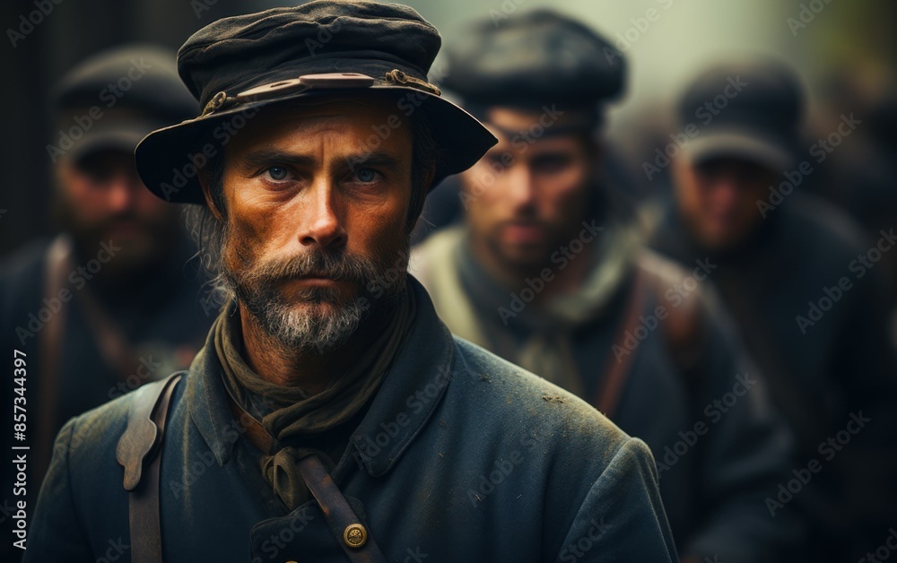 A man with a hat and beard stands in front of a group of men. The man is the center of attention and he is the leader of the group. The other men are standing behind him, looking at him A man with a hat and beard stands in front of a group of men. The man is the center of attention and he is the leader of the group. The other men are standing behind him, looking at him