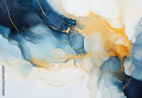 Abstract blue and gold watercolor background. Alcohol ink texture. Vector illustration.