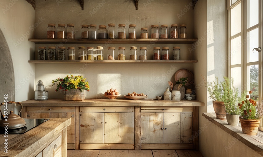 Serene kitchen with an empty spice rack Serene kitchen with an empty spice rack