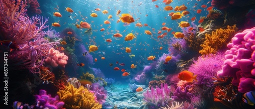Neon-lit coral reef with tropical fish, , underwater glow