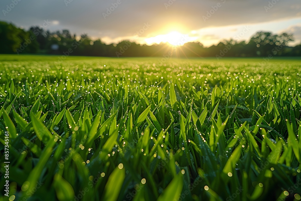 Sunrise Over Dew-Covered Green Grass Field Conceptualizing Natural Beauty and Fresh Morning Serenity Sunrise Over Dew-Covered Green Grass Field Conceptualizing Natural Beauty and Fresh Morning Serenity
