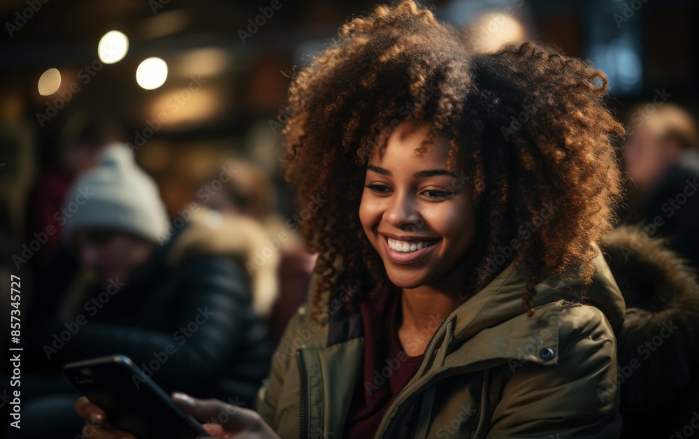 A woman with curly hair is smiling while looking at her cell phone. She is surrounded by other people, some of whom are wearing hats. The scene appears to be casual and relaxed A woman with curly hair is smiling while looking at her cell phone. She is surrounded by other people, some of whom are wearing hats. The scene appears to be casual and relaxed