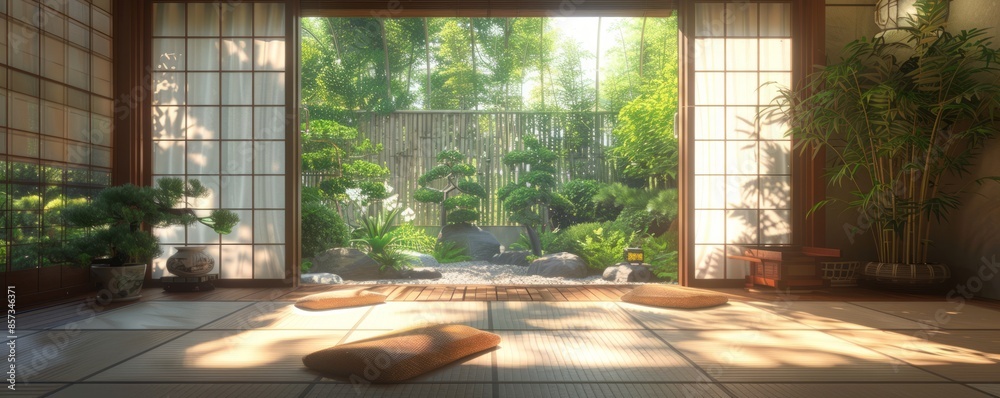Traditional Japanese house with sliding doors and tatami mats. Traditional Japanese house with sliding doors and tatami mats.