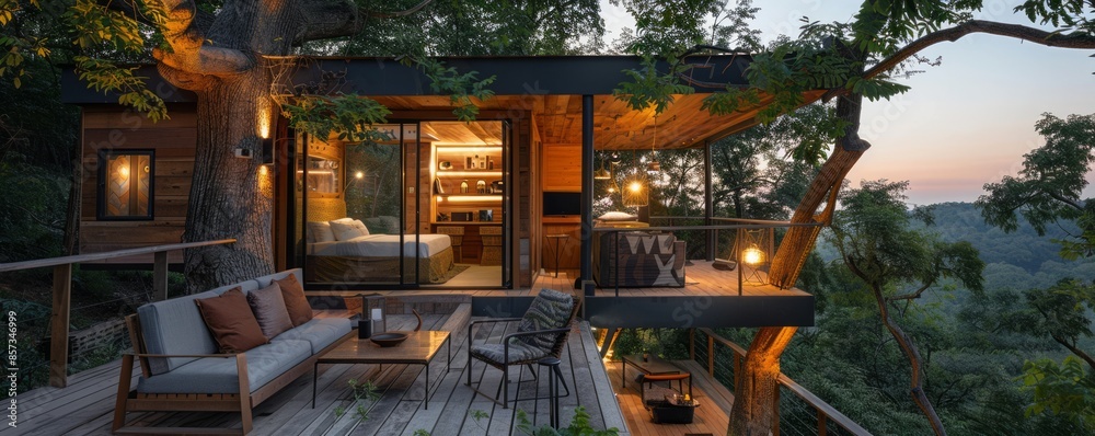 Treehouse with panoramic views and modern amenities. Treehouse with panoramic views and modern amenities.
