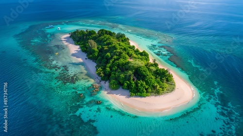 Exquisite Aerial View of a Lush Tropical Island Surrounded by Crystal Clear Blue Waters and White Sandy Beaches