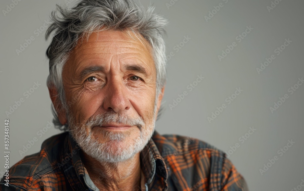 A man with a beard and gray hair is smiling. He is wearing a plaid shirt. The man is looking at the camera A man with a beard and gray hair is smiling. He is wearing a plaid shirt. The man is looking at the camera