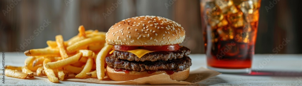 fast food. burger with potatoes and cola in a transparent glass fast food. burger with potatoes and cola in a transparent glass