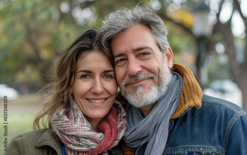 A man and woman are smiling at the camera. The man is wearing a blue jacket and the woman is wearing a scarf A man and woman are smiling at the camera. The man is wearing a blue jacket and the woman is wearing a scarf