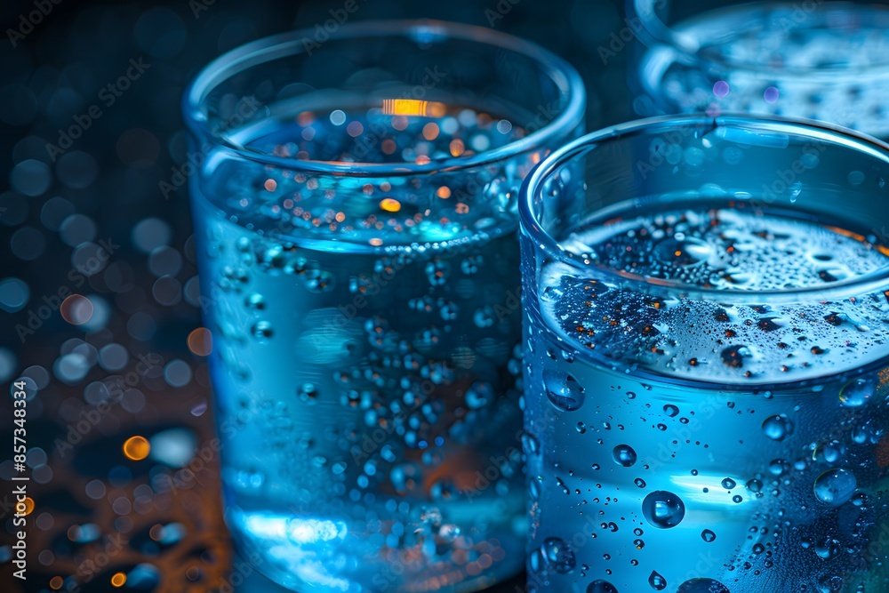 Clear Glasses of Sparkling Water with Bubbles on Dark Background - Perfect for Refreshing Beverage Designs