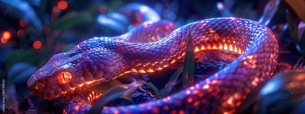 Neon-lit snake in jungle, , glowing scales Neon-lit snake in jungle, , glowing scales