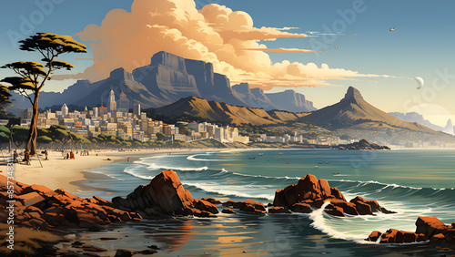 Cape Town - South Africa, City, Africa, Cartoon, Poster Style