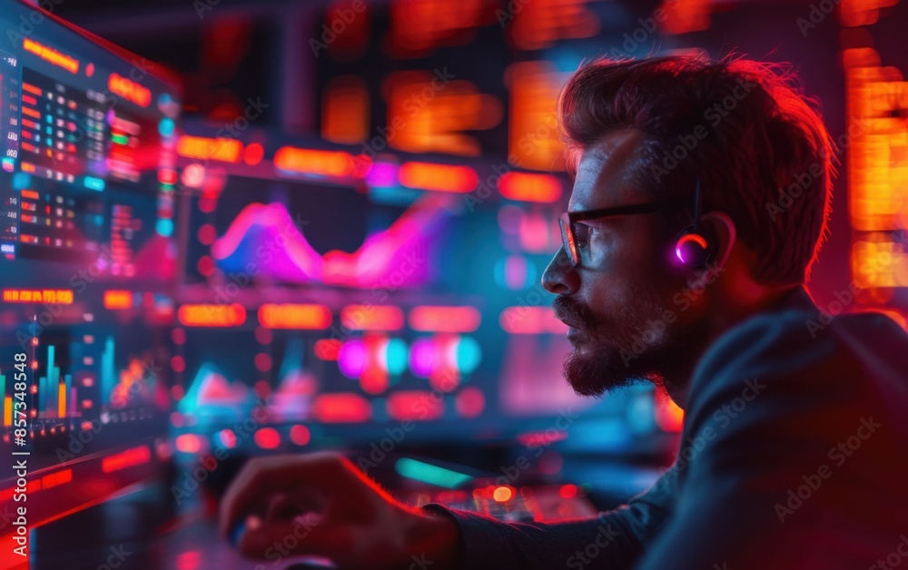 A man is sitting in front of a computer monitor with a lot of numbers and graphs on it. He is wearing glasses and he is focused on the screen. Concept of concentration and seriousness A man is sitting in front of a computer monitor with a lot of numbers and graphs on it. He is wearing glasses and he is focused on the screen. Concept of concentration and seriousness
