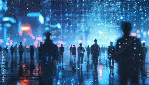 Futuristic global hologram business people in cyberpunk digital transformation scene