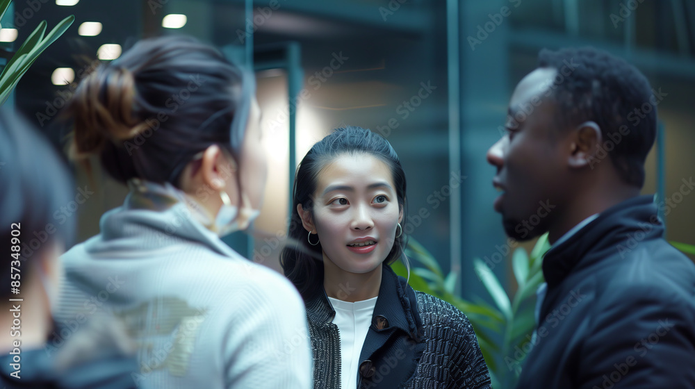 Obraz premium Diverse group of people in conversation, social setting, multicultural interaction
