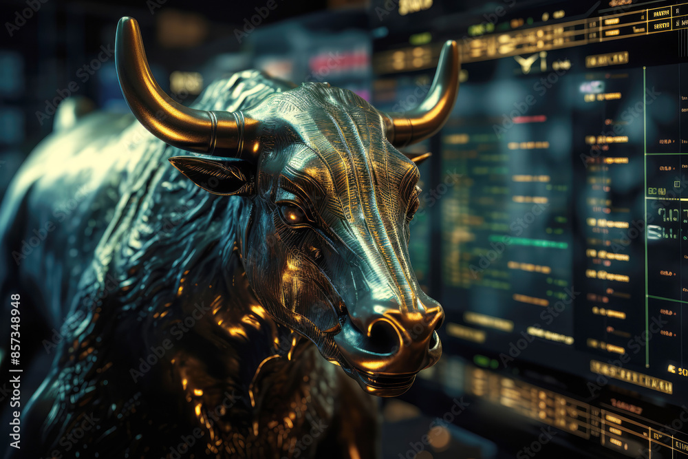 generated illustration bull with horns in front of a stock market display generated illustration bull with horns in front of a stock market display