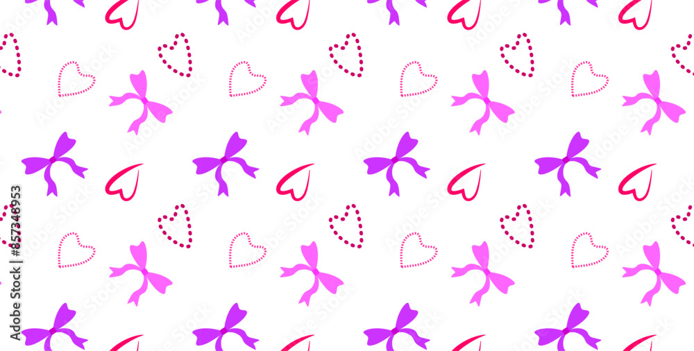 Seamless pattern with hearts and bows on a white background. For cover, textile. Holiday packaging design. Vector illustration 