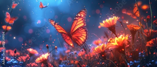 Neon butterflies hovering over wildflowers photo