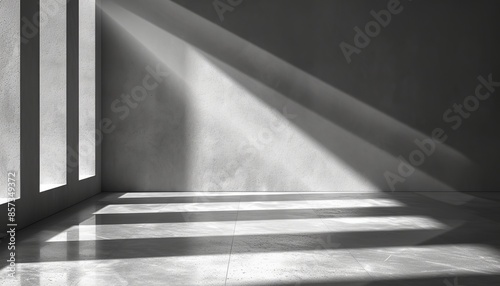 Mockup, beautiful gray wall with shadow and sunlight, natural wall background with palm foliage