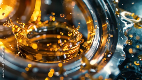 Close-up view of a metal bearing with dynamic oil splashes, symbolizing machinery lubrication and maintenance. Generative AI