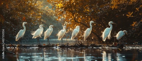 Neon egrets in a marshland