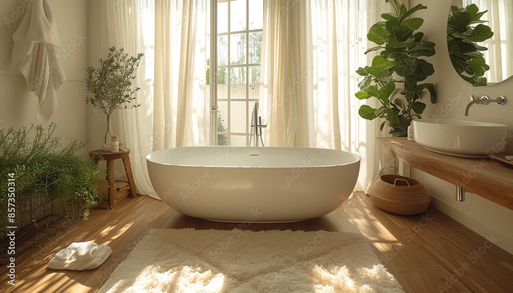 A white, cozy bathroom with a window and furniture, with plants, a large white bathtub, with marble stone, towels 