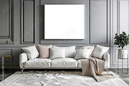 Trendy interior design mockup showcasing blank white frame mounted on grey textured wall above cozy sofa accompanied by stylish decor and green plant