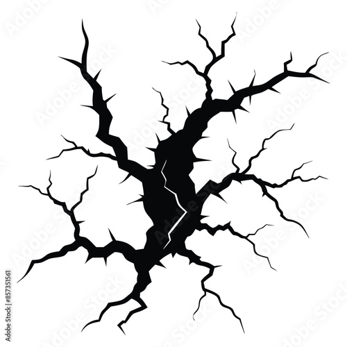 Vector illustration of a realistic black crack pattern on a white background, symbolizing damage, destruction, or natural phenomena like earthquakes and lightning strikes