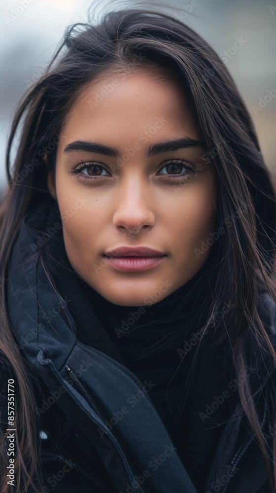 A candid portrait of a young woman with long, dark hair, wearing a black jacket A candid portrait of a young woman with long, dark hair, wearing a black jacket