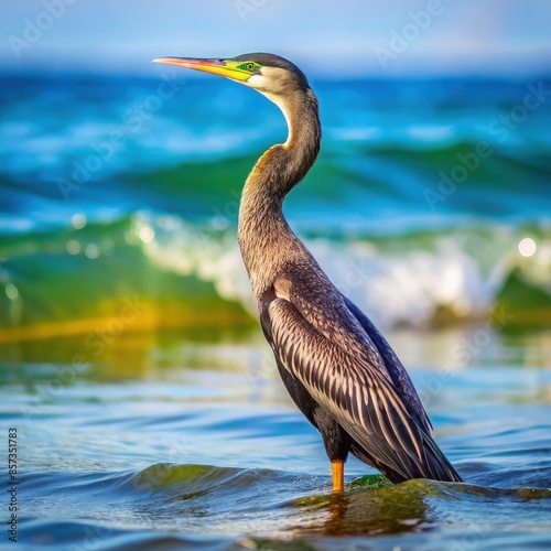 Anhinga Bird Stands in Shallow Ocean Water. Generative AI photo