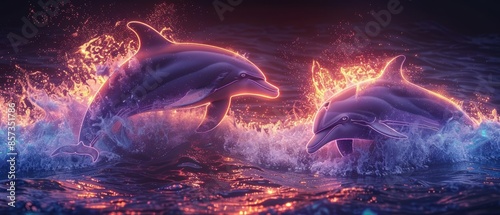 Neon lit dolphins leaping, 8k UHD, glowing ocean waves photo