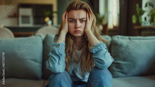 A young woman with her hands on her head looks distressed, sitting on a comfortable couch in a home setting. The image captures a moment of feeling overwhelmed and stressed.