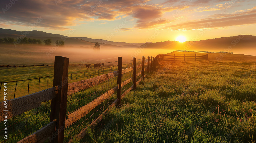 An inspiring image of sunrise casting a warm and golden glow over a fenced field with horses grazing peacefully, highlighting the beauty of the rolling countryside. An inspiring image of sunrise casting a warm and golden glow over a fenced field with horses grazing peacefully, highlighting the beauty of the rolling countryside.
