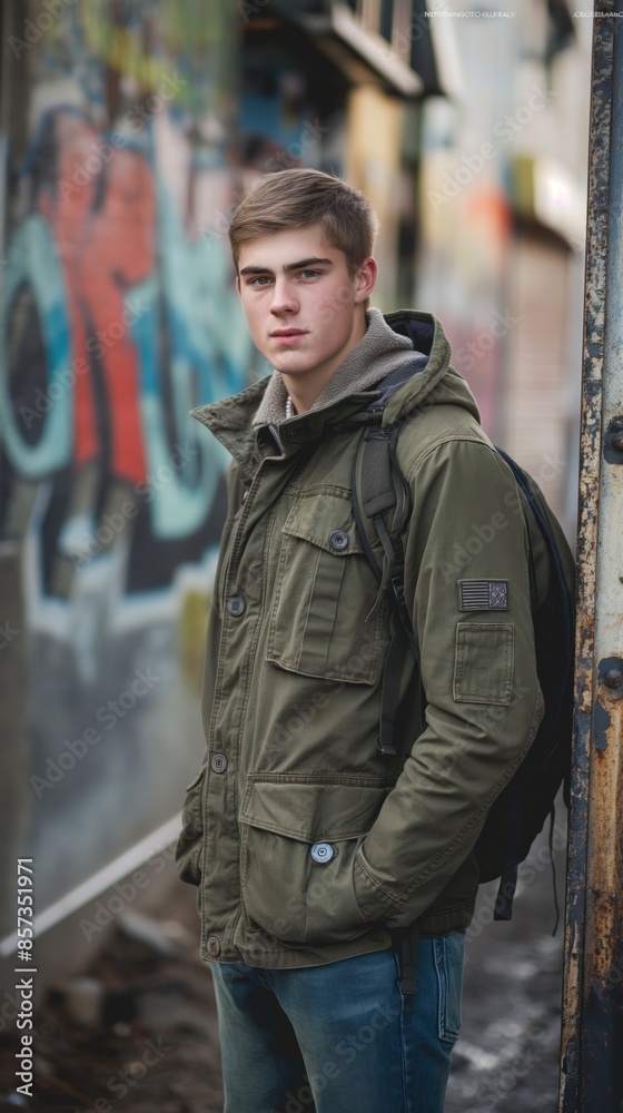 Young man in green jacket leaning against a wall in an urban setting Young man in green jacket leaning against a wall in an urban setting