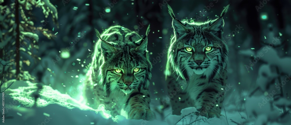 Neon lynxes prowling in the wild Neon lynxes prowling in the wild
